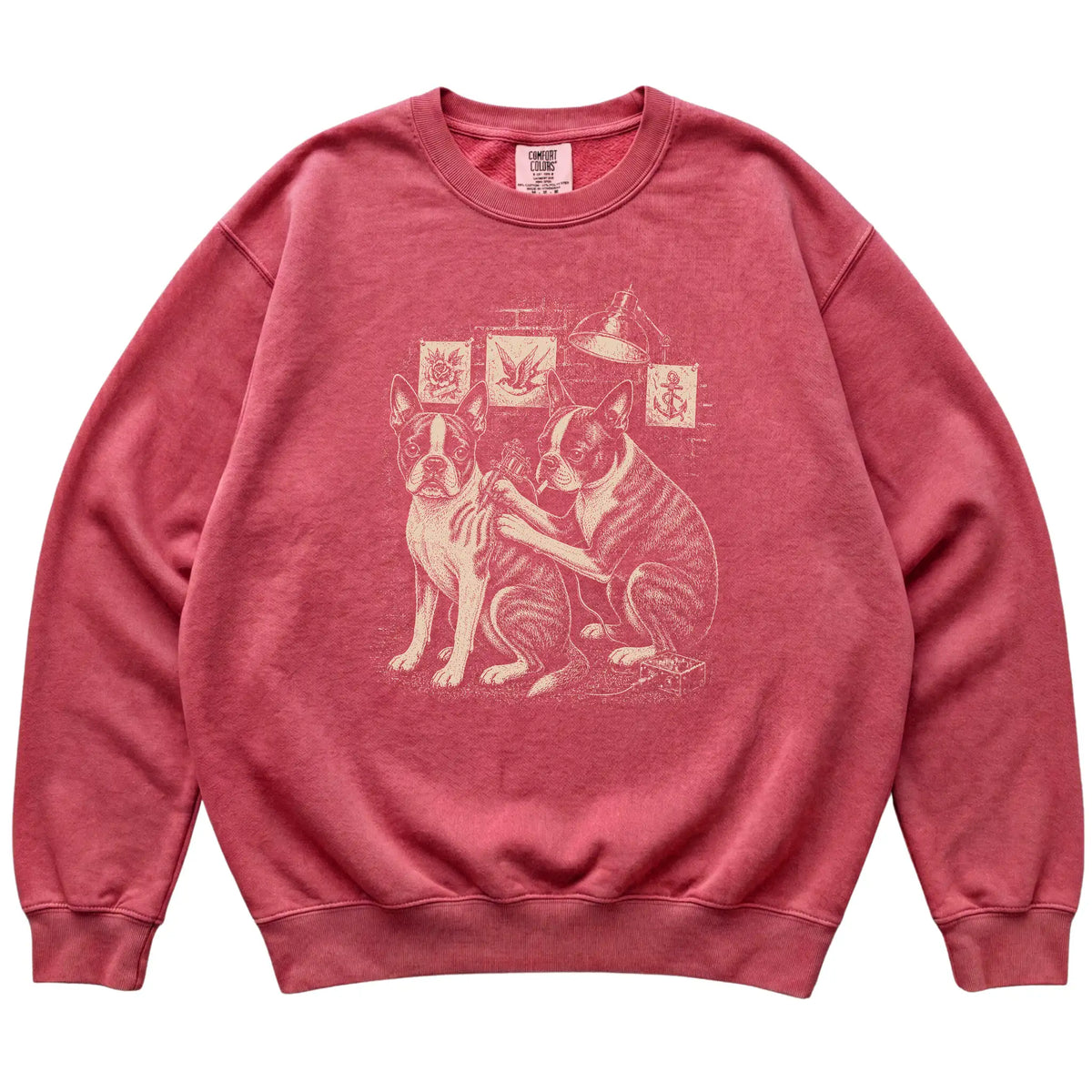 Crimson Boston Terrier Dog Tattoo Artist shirt laid flat