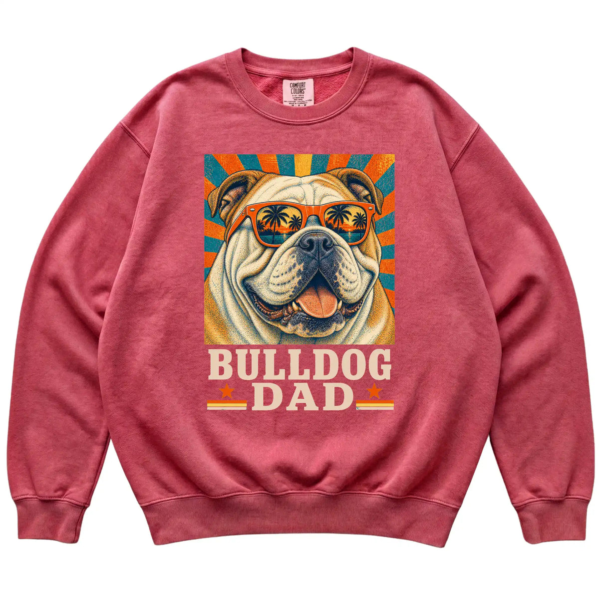 Retro Bulldog Dad design on a Crimson Comfort Colors sweatshirt