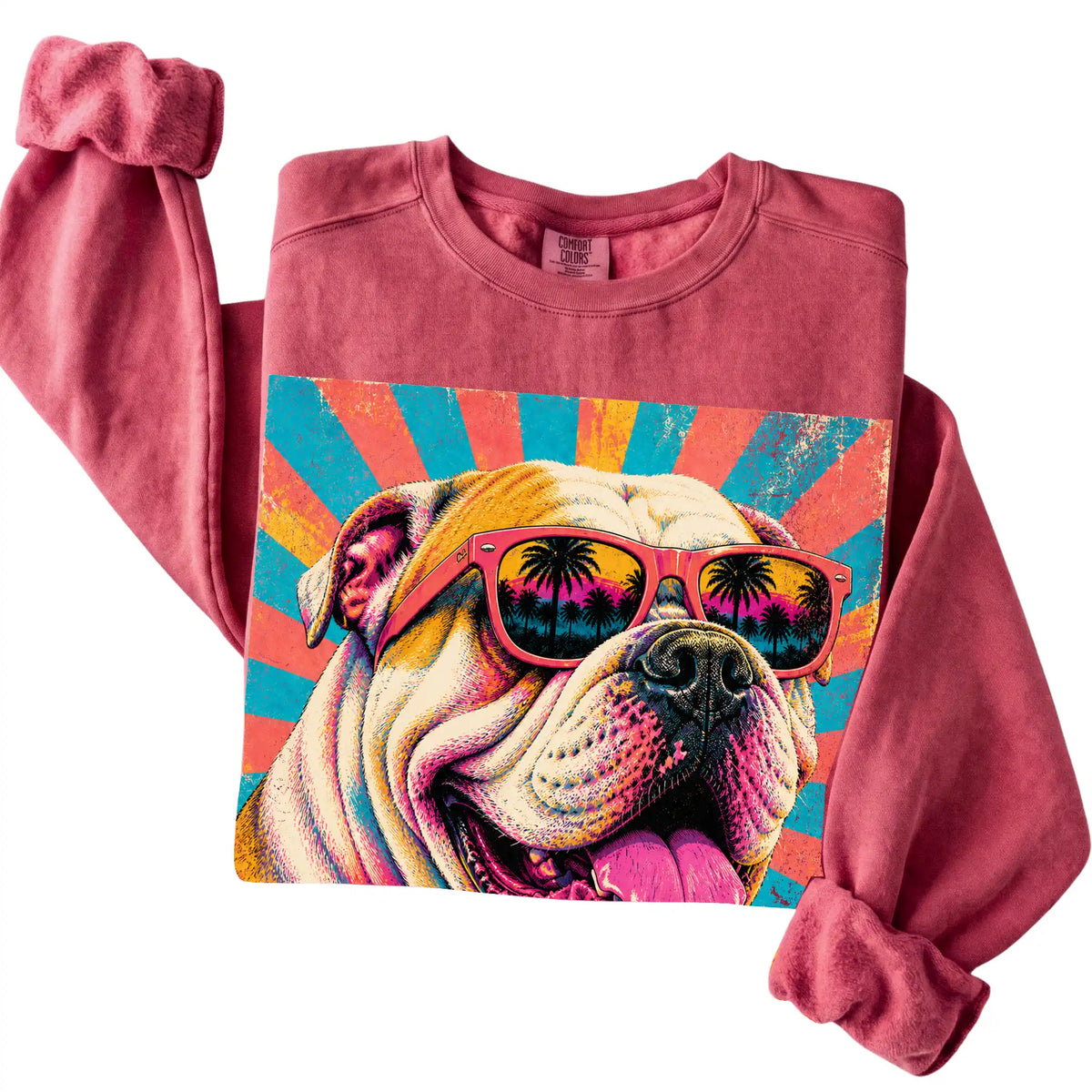Folded Crimson Comfort Colors sweatshirt with a Retro Bulldog Mama design