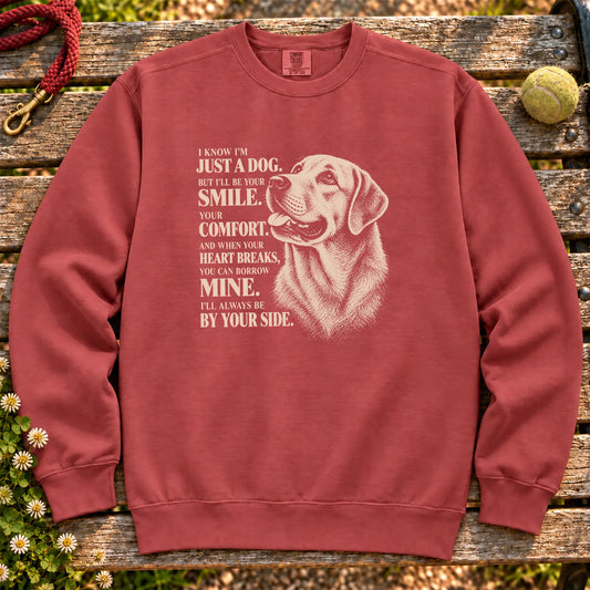 Crimson Comfort Colors® sweatshirt featuring the Labrador Retriever By Your Side design.