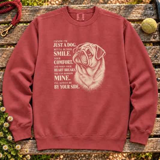 Crimson Comfort Colors® sweatshirt featuring the Pug By Your Side design.