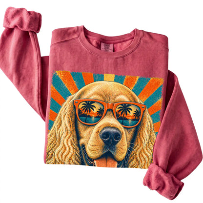 Folded Crimson Comfort Colors sweatshirt with a Retro Cocker Spaniel Dad design