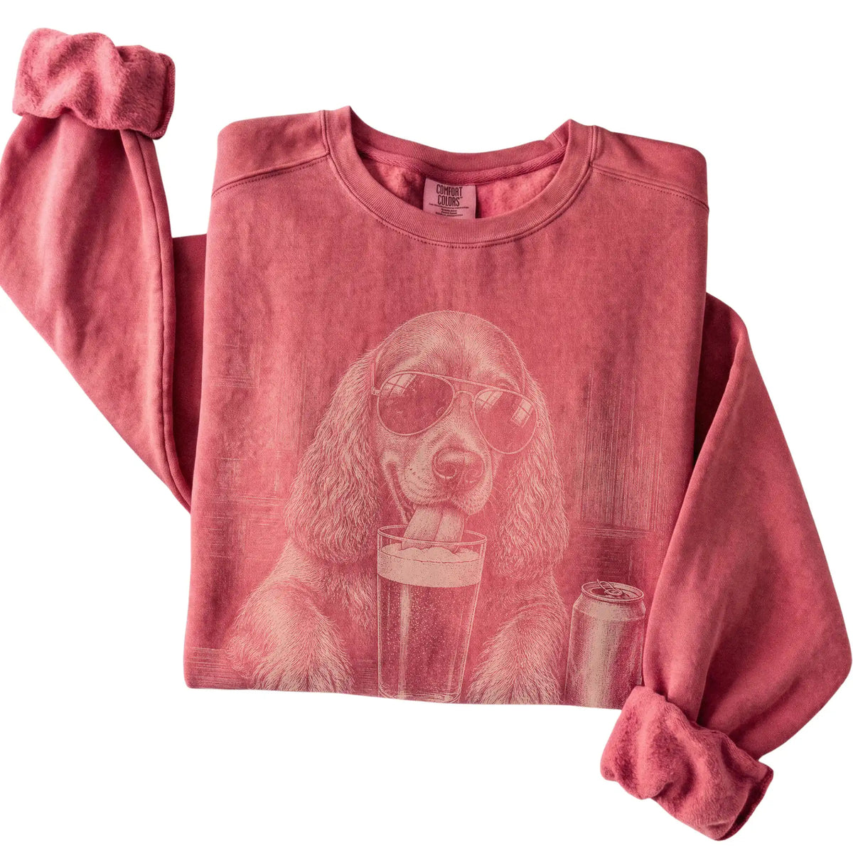 Crimson Cocker Spaniel drinking from a pint at a bar, folded detail view