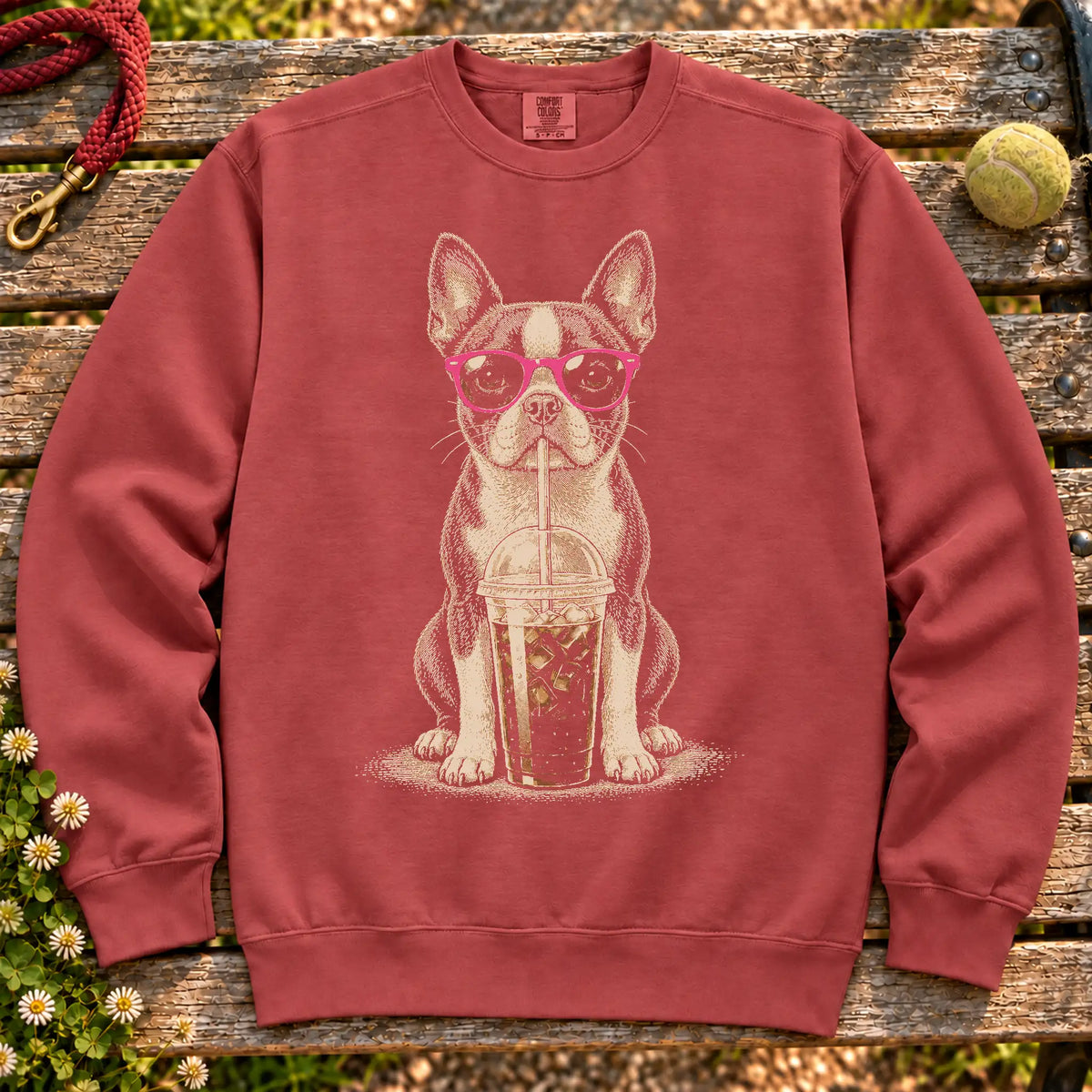 Boston Terrier drinking cold coffee in pink sunglasses on Crimson sweatshirt