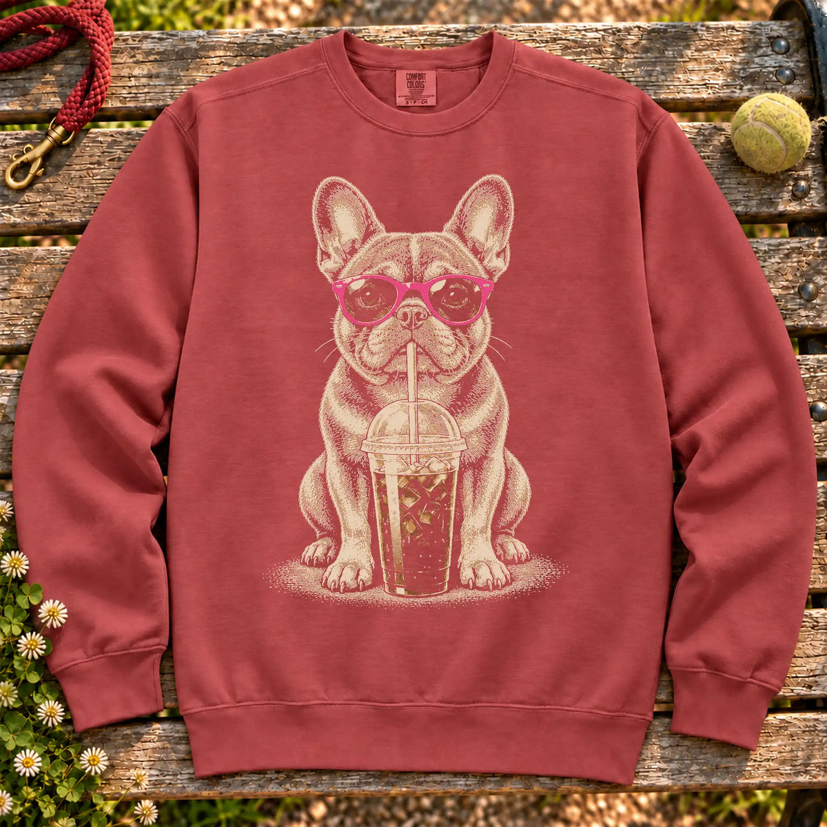 French Bulldog drinking cold coffee in pink sunglasses on Crimson sweatshirt