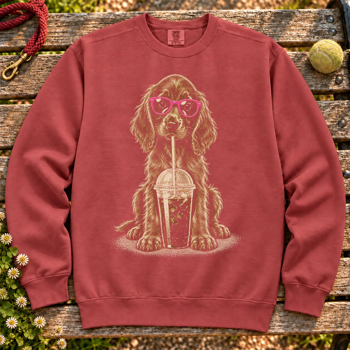Irish Setter drinking cold coffee in pink sunglasses on Crimson sweatshirt