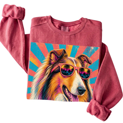 Folded Crimson Comfort Colors sweatshirt with a Retro Collie Mama design