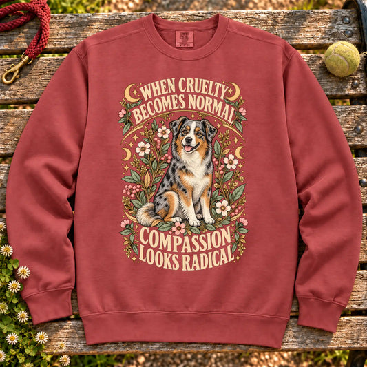 Compassion Looks Radical Australian Shepherd design on a Crimson Comfort Colors sweatshirt