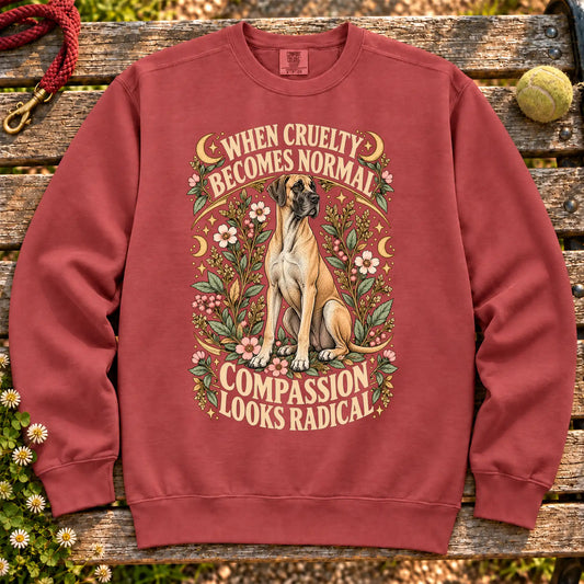Compassion Looks Radical Great Dane design on a Crimson Comfort Colors sweatshirt