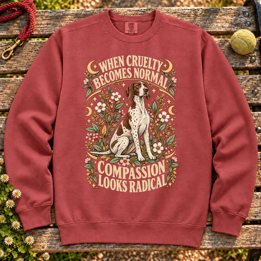 Compassion Looks Radical Pointer design on a Crimson Comfort Colors sweatshirt