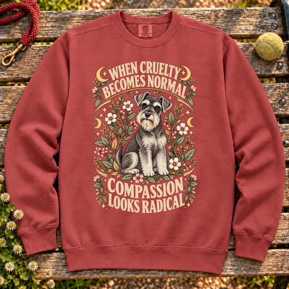 Compassion Looks Radical Schnauzer design on a Crimson Comfort Colors sweatshirt