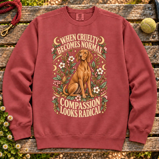 Compassion Looks Radical Vizsla design on a Crimson Comfort Colors sweatshirt
