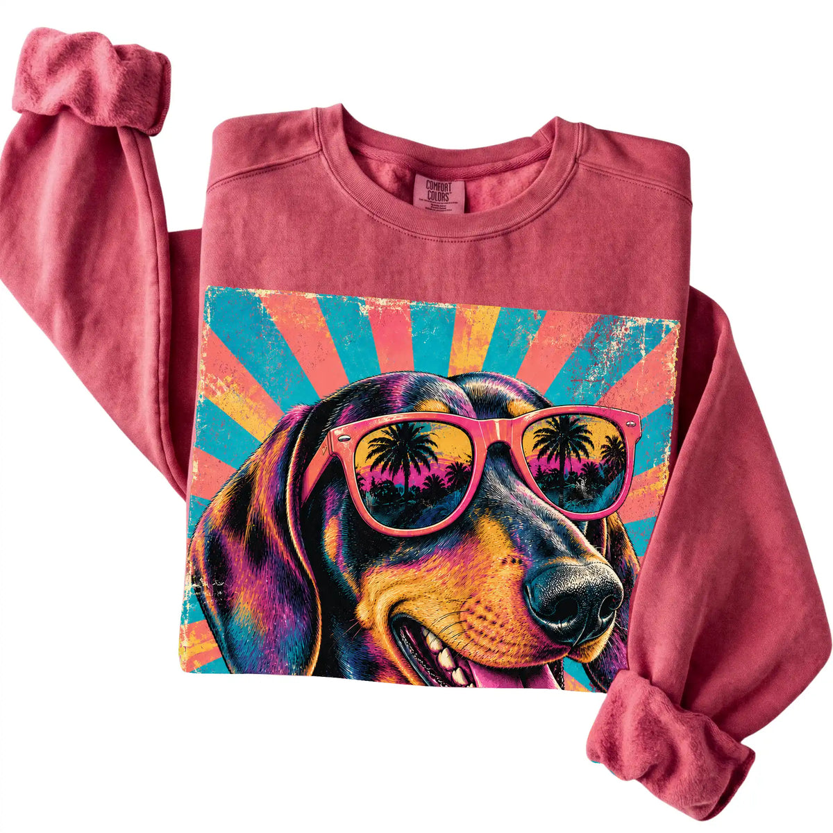 Folded Crimson Comfort Colors sweatshirt with a Retro Dachshund Mama design
