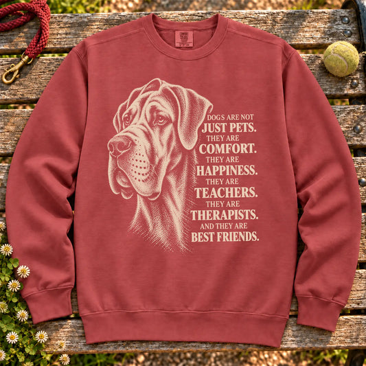 Dogs Are Not Just Pets Great Dane text design on a Crimson Comfort Colors sweatshirt