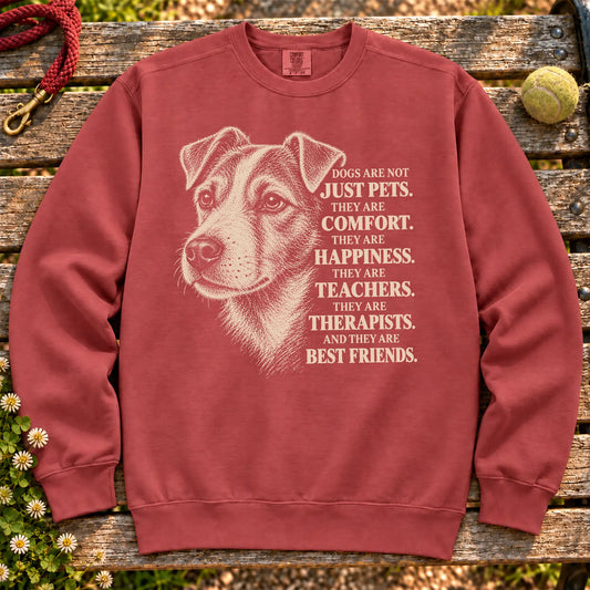 Dogs Are Not Just Pets Jack Russell text design on a Crimson Comfort Colors sweatshirt