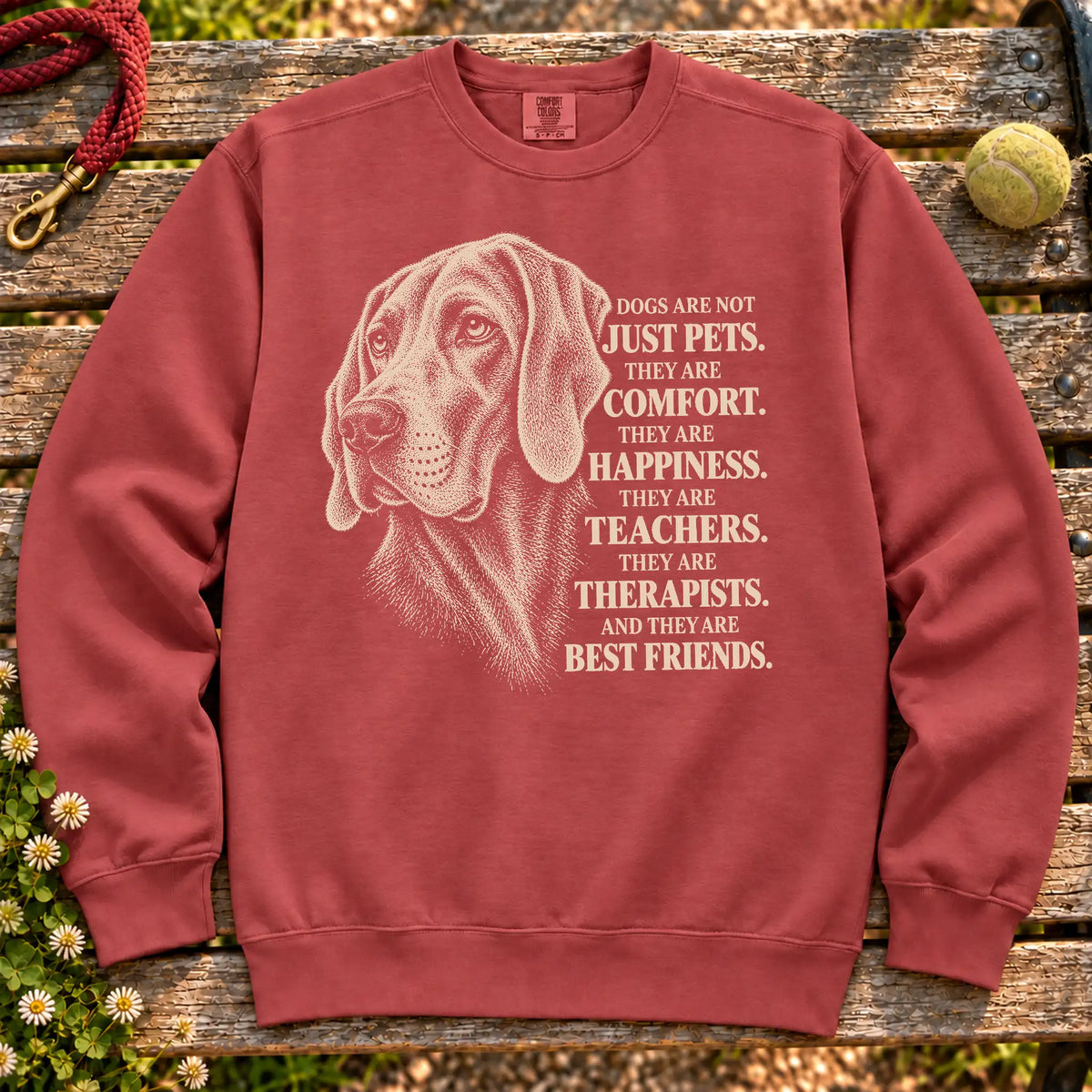 Dogs Are Not Just Pets Weimaraner text design on a Crimson Comfort Colors sweatshirt