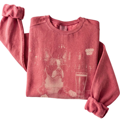 Crimson Boston Terrier at a bar beside a pint, folded detail view