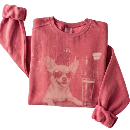 Crimson Chihuahua at a bar beside a pint, folded detail view