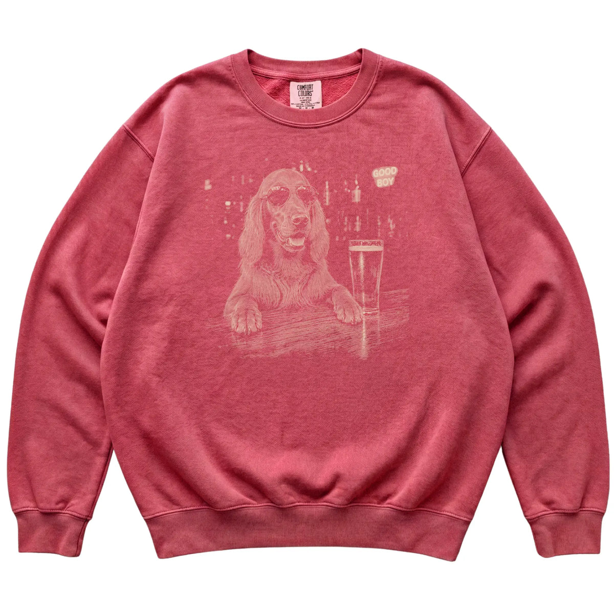 Crimson Irish Setter at a bar beside a pint, laid flat