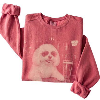Crimson Maltese at a bar beside a pint, folded detail view