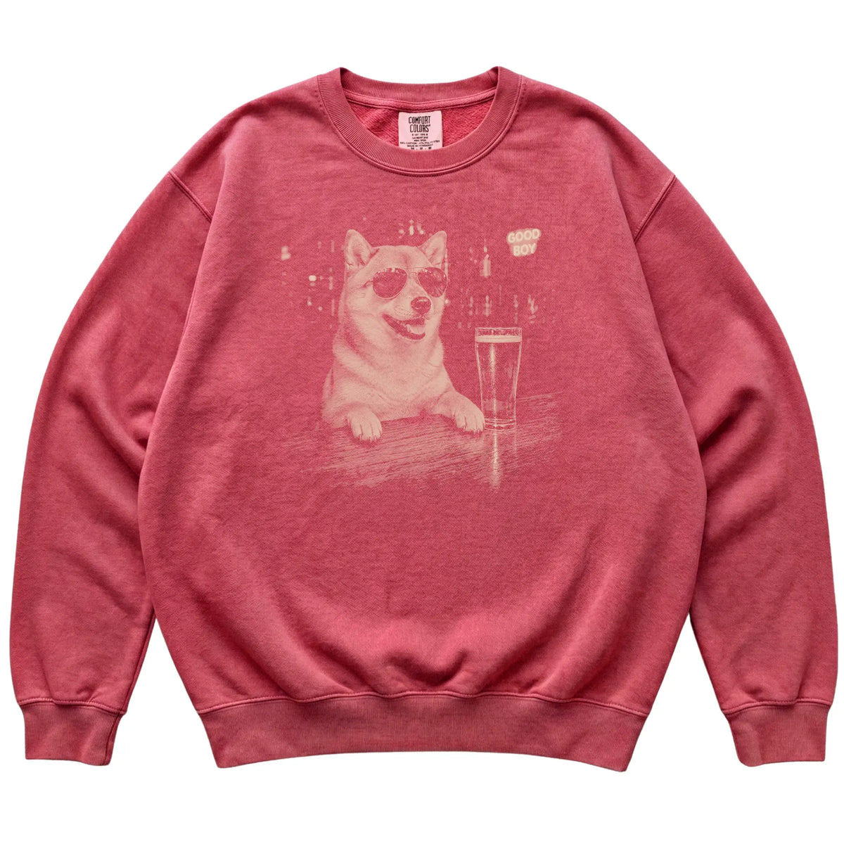 Crimson Shiba Inu at a bar beside a pint, laid flat