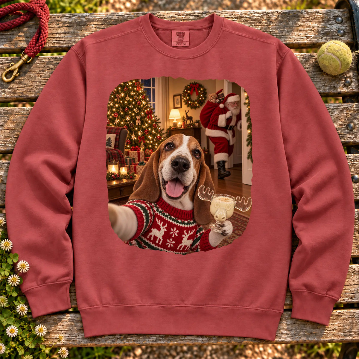 Basset Hound Eggnog Selfie design on a Crimson Comfort Colors® sweatshirt