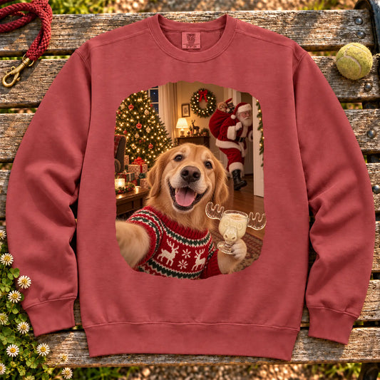 Golden Retriever Eggnog Selfie design on a Crimson Comfort Colors® sweatshirt