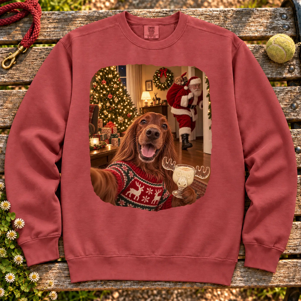 Irish Setter Eggnog Selfie design on a Crimson Comfort Colors® sweatshirt