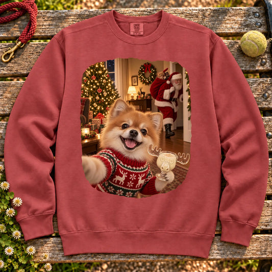 Pomeranian Eggnog Selfie design on a Crimson Comfort Colors® sweatshirt