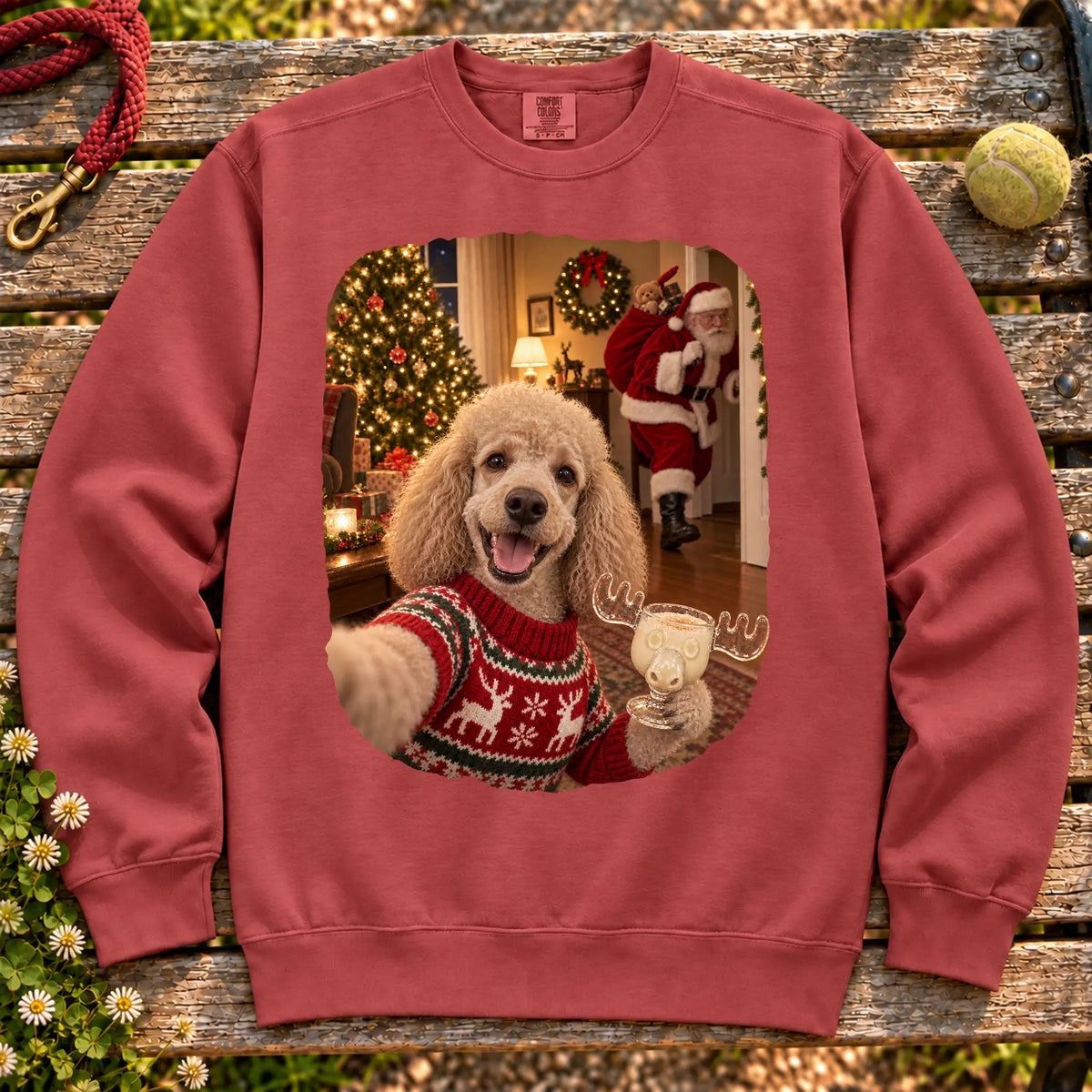 Poodle Eggnog Selfie design on a Crimson Comfort Colors® sweatshirt