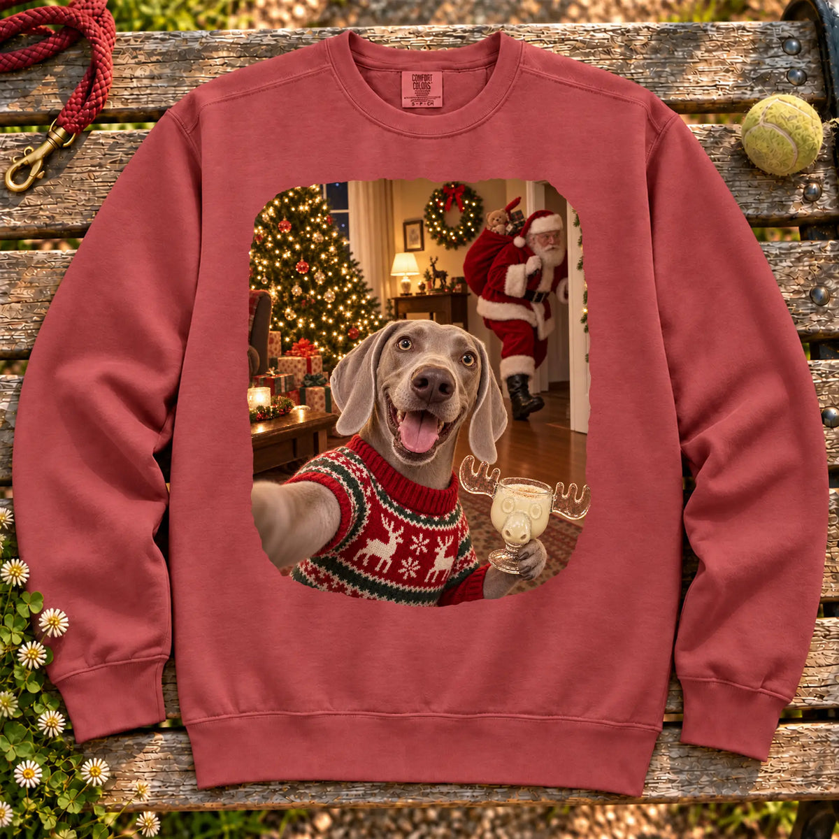 Weimaraner Eggnog Selfie design on a Crimson Comfort Colors® sweatshirt