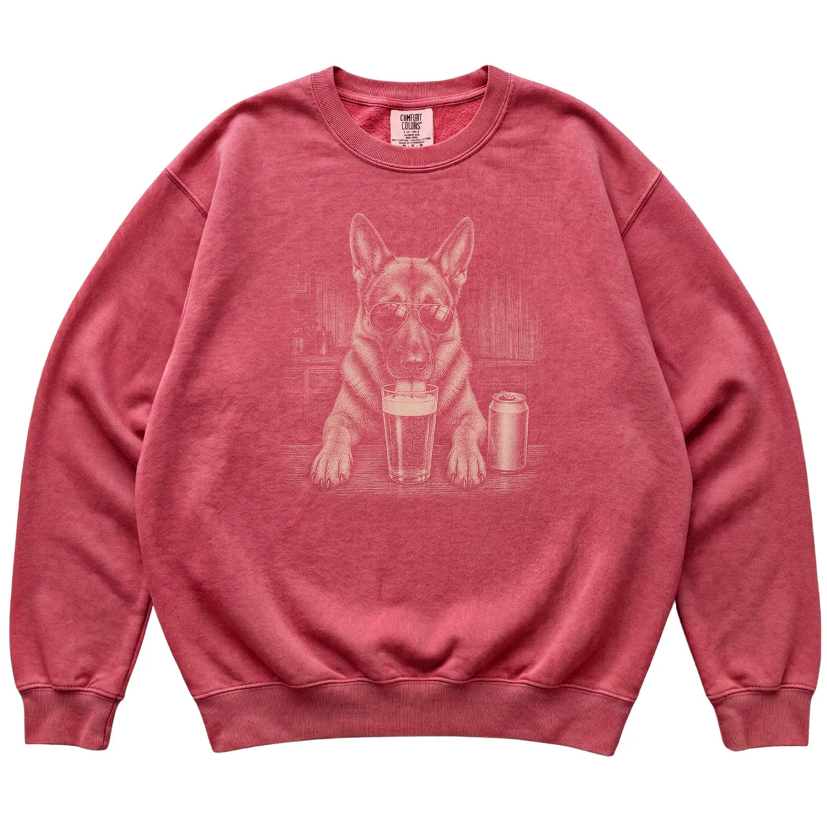 Crimson German Shepherd drinking from a pint at a bar, laid flat