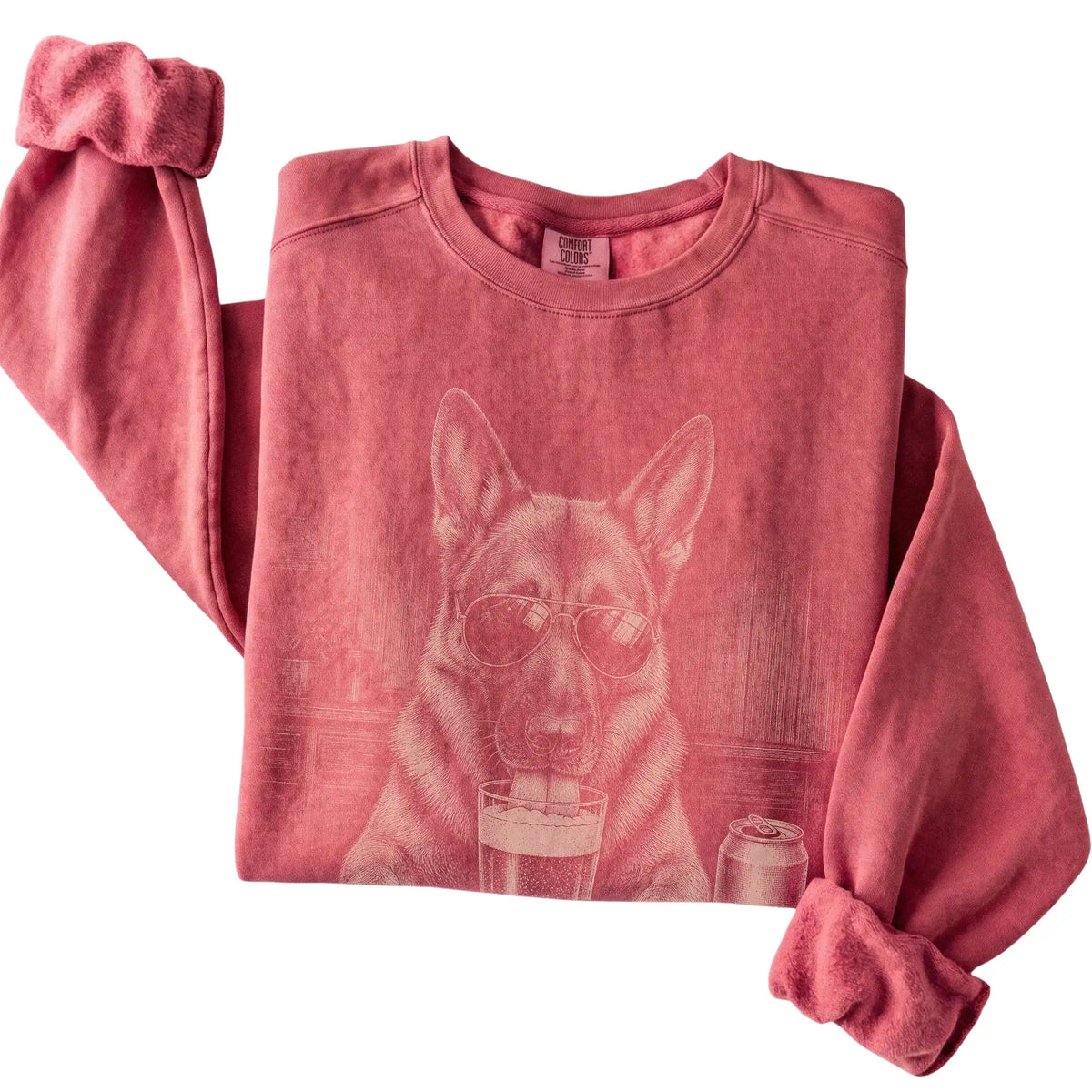 Crimson German Shepherd drinking from a pint at a bar, folded detail view