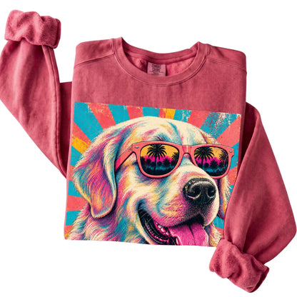 Folded Crimson Comfort Colors sweatshirt with a Retro Golden Retriever Mama design