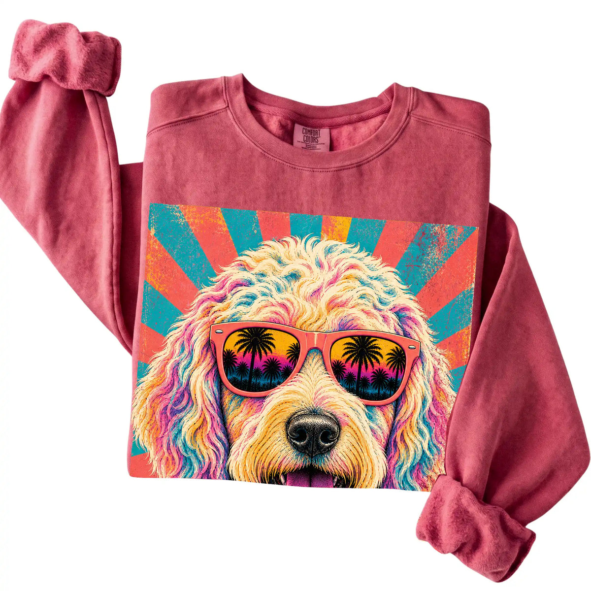 Folded Crimson Comfort Colors sweatshirt with a Retro Goldendoodle Mama design