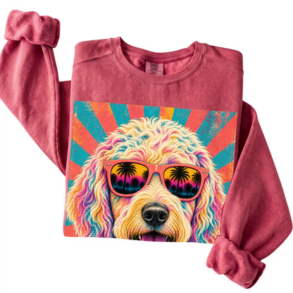 Folded Crimson Comfort Colors sweatshirt with a Retro Goldendoodle Mama design