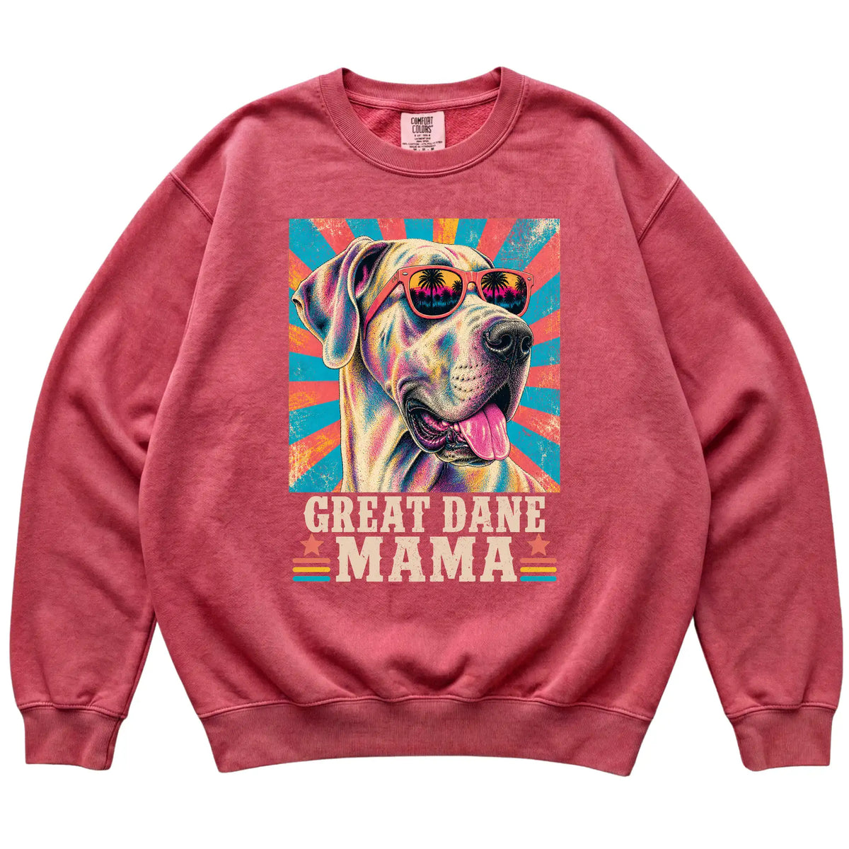 Retro Great Dane Mama design on a Crimson Comfort Colors sweatshirt