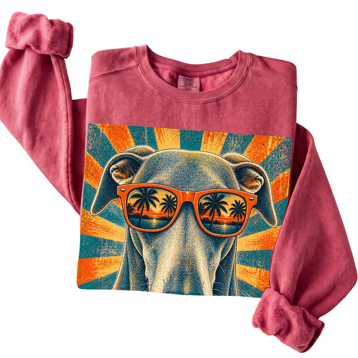 Folded Crimson Comfort Colors sweatshirt with a Retro Greyhound Dad design