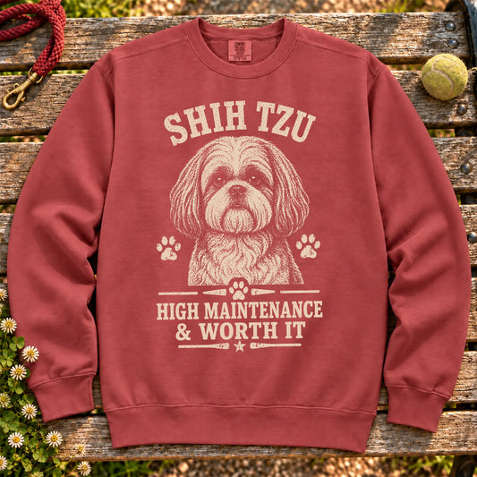 Crimson Comfort Colors® sweatshirt featuring High Maintenance & Worth It - Shih Tzu, laid-flat presentation