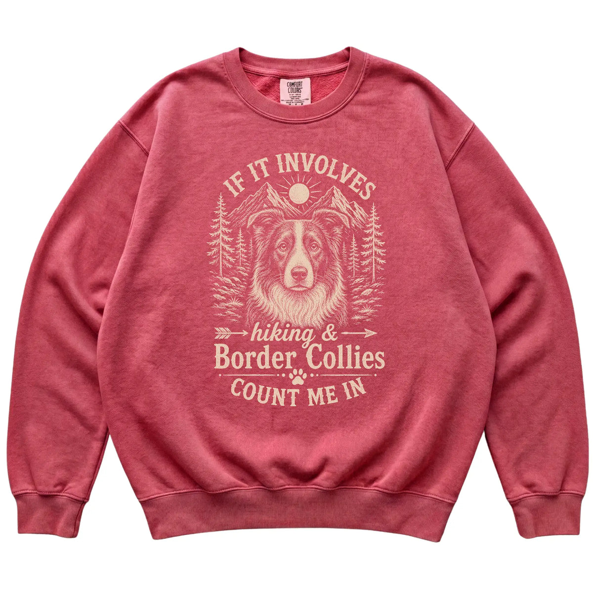 Crimson Comfort Colors® sweatshirt featuring Hiking and Border Collies, laid-flat presentation