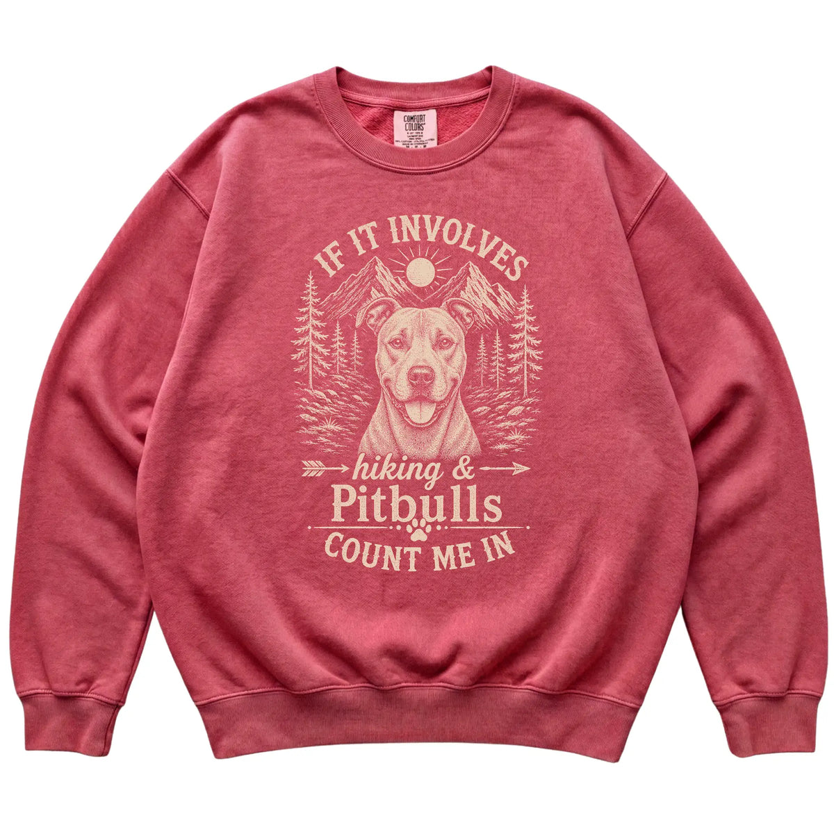 Crimson Comfort Colors® sweatshirt featuring Hiking and Pitbulls, laid-flat presentation