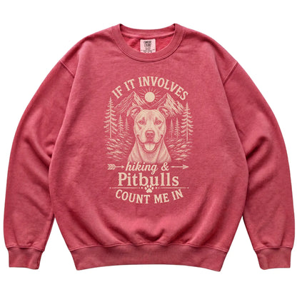 Crimson Comfort Colors® sweatshirt featuring Hiking and Pitbulls, laid-flat presentation