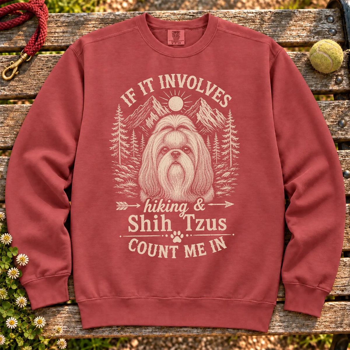 Shih Tzu Hiking and Shih Tzus on a Crimson crewneck sweatshirt, shown flat