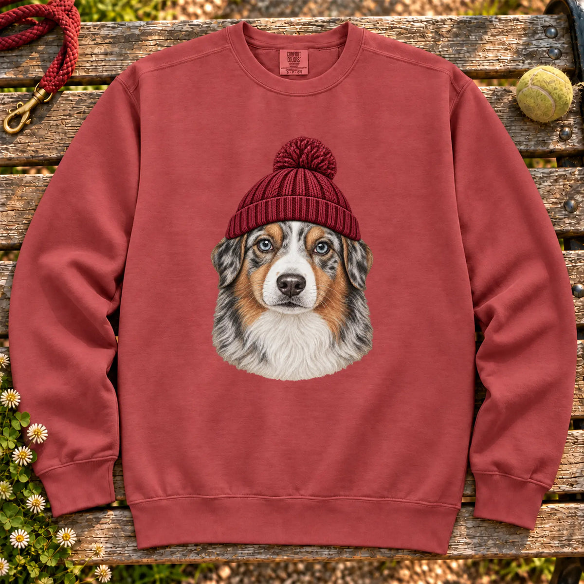 Crimson Australian Shepherd hipster sweatshirt with a dog portrait in a chunky maroon beanie