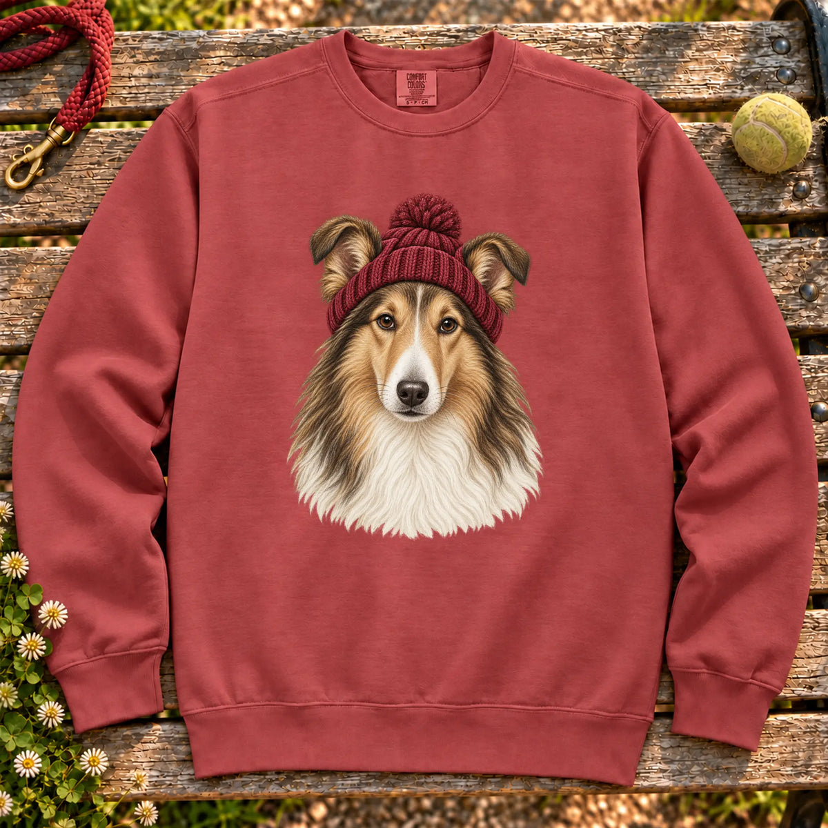 Crimson Collie hipster sweatshirt with a dog portrait in a chunky maroon beanie