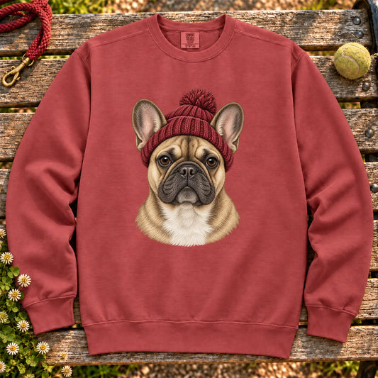Crimson French Bulldog hipster sweatshirt with a dog portrait in a chunky maroon beanie