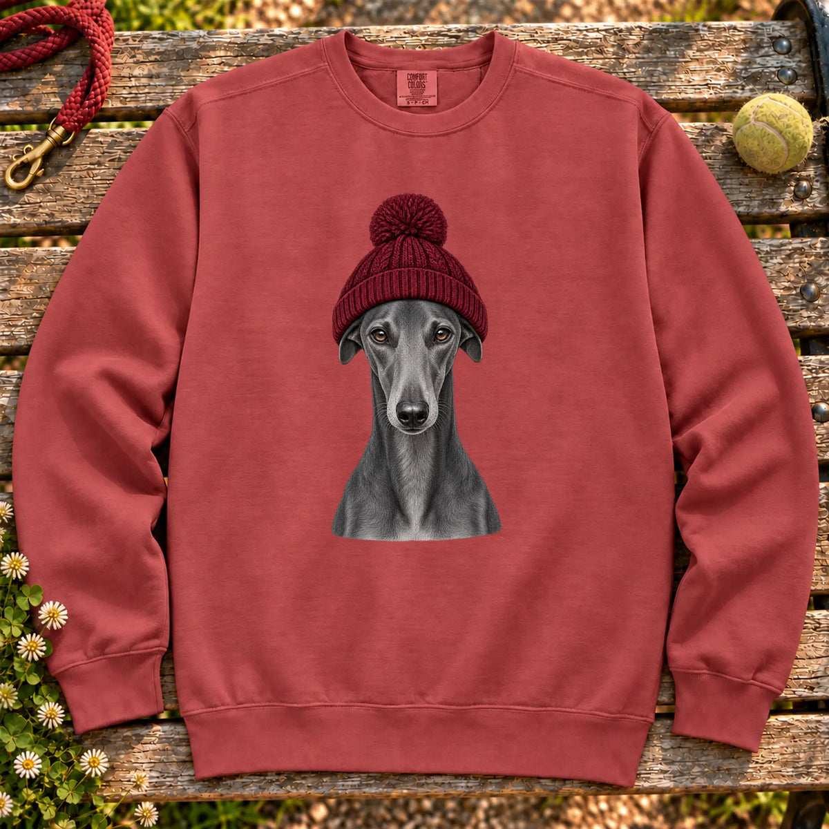 Crimson Greyhound hipster sweatshirt with a dog portrait in a chunky maroon beanie