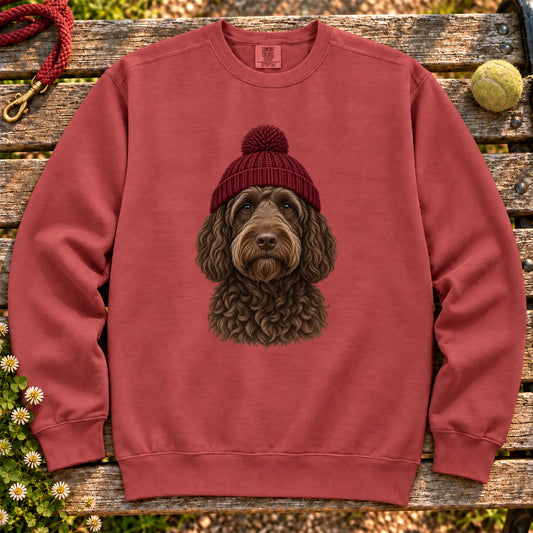 Crimson Labradoodle hipster sweatshirt with a dog portrait in a chunky maroon beanie