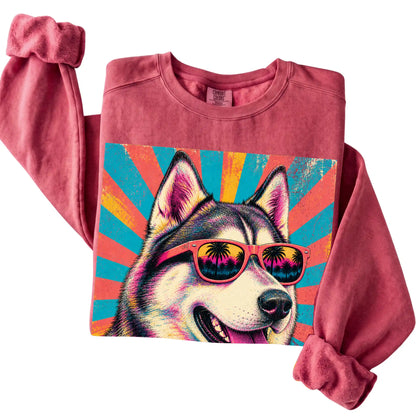 Folded Crimson Comfort Colors sweatshirt with a Retro Husky Mama design