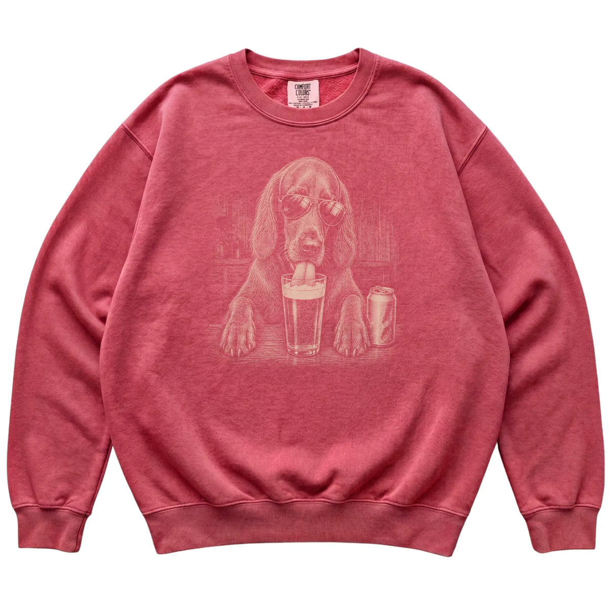Crimson Irish Setter drinking from a pint at a bar, laid flat